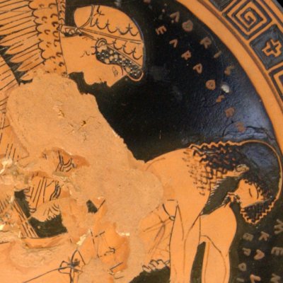 Éos et Memnon, dit Pietà de Memnon (Kylix attique à fig. rouges) - Douris